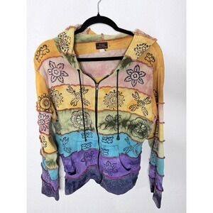 Rising International Hoodie Jacket Womens XL Zip Hippie Festival Patchwork